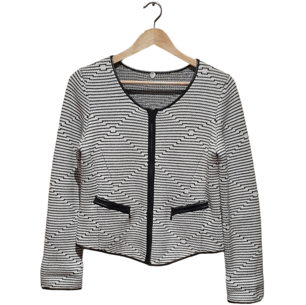 Margaret O'Leary Womens Size Medium Full-Zip Knit Blazer with Black Leather Trim